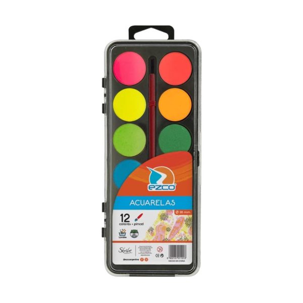 ACUARELA EZCO 12 COLORES CAJA ACRILICA BASE