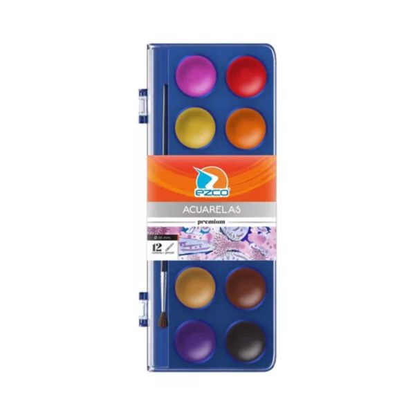 ACUARELA EZCO 12 COLORES CAJA ACRILICA PREMIUM